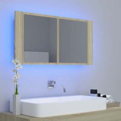 vidaXL LED-Bad-Spiegelschrank Sonoma-Eiche 90x12x45 cm Acryl