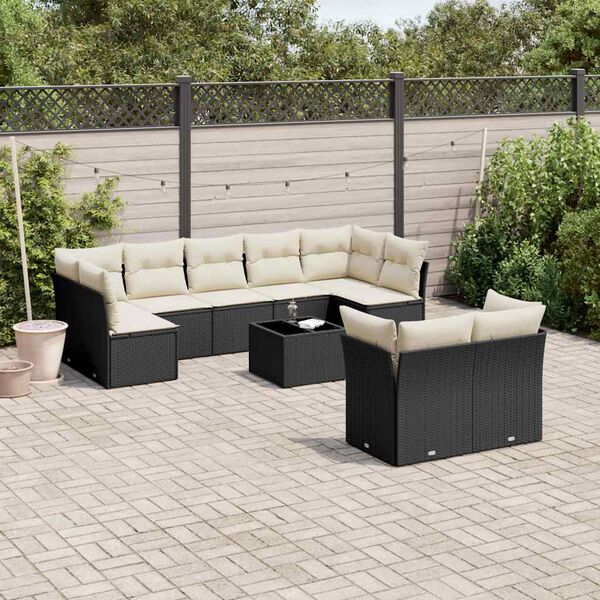 vidaXL 10-tlg. Garten-Sofagarnitur mit Kissen Schwarz Poly Rattan