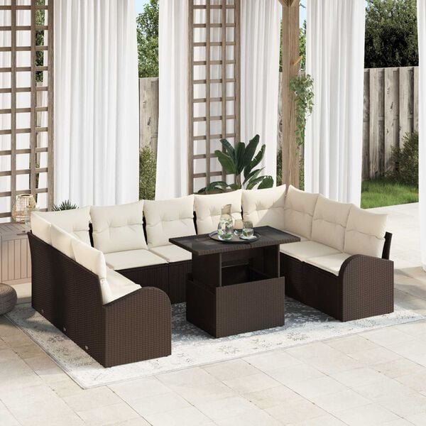 vidaXL Gartensofa-set mit Kissen mit Speicher 10 pcs Braun Poly Rattan