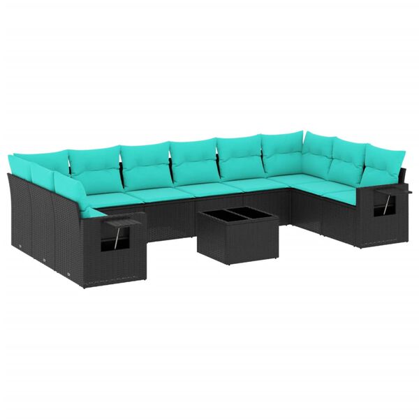vidaXL 11-teiliges Gartensofa-Set mit Kissen, schwarzes Polyrattan