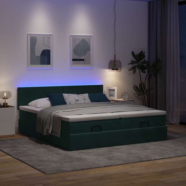 vidaXL Ottoman-Bett mit Matratzen & LEDs Dunkelgr&uuml;n 200x200 cm Samt