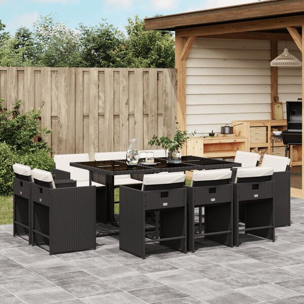 vidaXL 11-tlg. Garten-Essgruppe mit Kissen Schwarz Poly Rattan