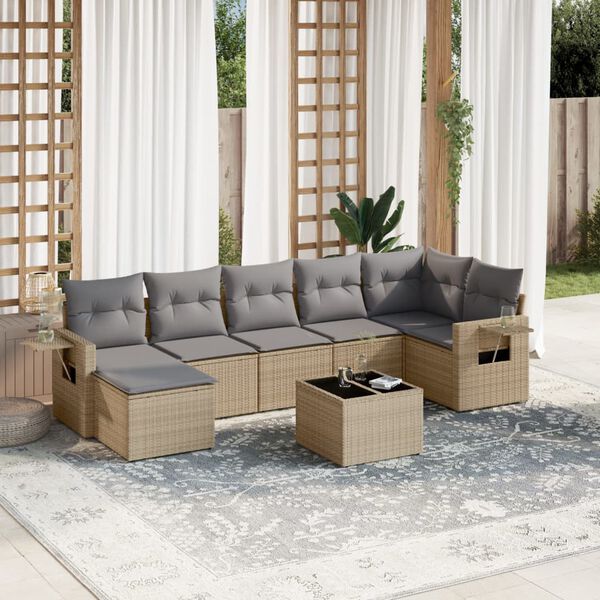 vidaXL 8-tlg. Garten-Sofagarnitur mit Kissen Beige Poly Rattan