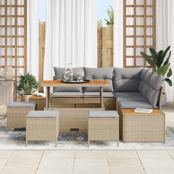 vidaXL Gartensofa-set mit Kissen mit Speicher 9 pcs Beige Poly Rattan