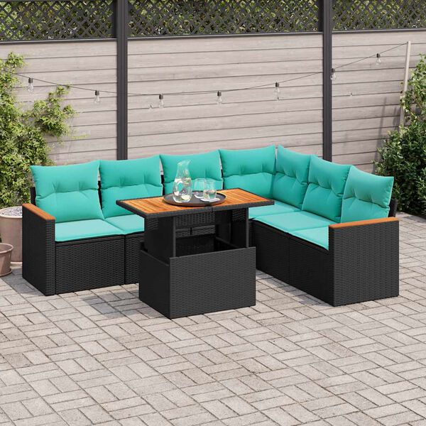 vidaXL 7-tlg. Garten-Sofagarnitur mit Kissen Schwarz Poly Rattan