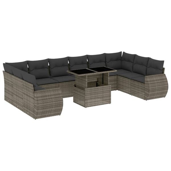 vidaXL 11-tlg. Garten-Sofagarnitur mit Kissen Grau Poly Rattan