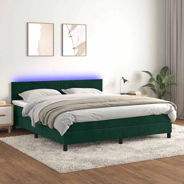 vidaXL Boxspringbett mit Matratze & LED Dunkelgr&uuml;n 160x200 cm Samt
