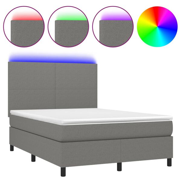 vidaXL Boxspringbett mit Matratze & LED Dunkelgrau 140x190 cm Stoff