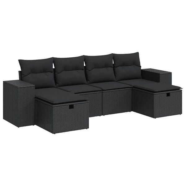vidaXL 6-tlg. Garten-Sofagarnitur mit Kissen Schwarz Poly Rattan