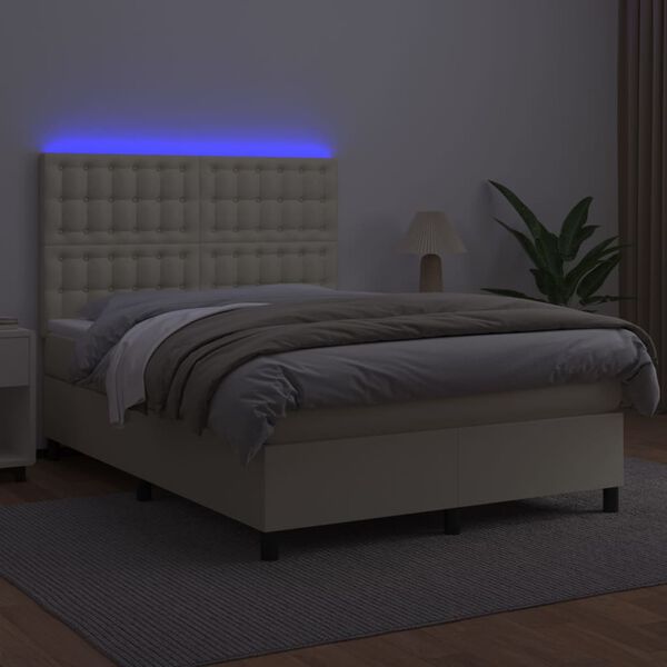 vidaXL Boxspringbett mit Matratze & LED Creme 140x190 cm Kunstleder