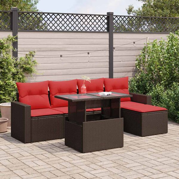 vidaXL 6-tlg. Garten-Sofagarnitur mit Kissen Braun Poly Rattan Akazie