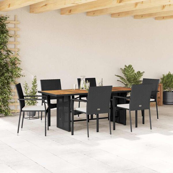 vidaXL 7-tlg. Garten-Essgruppe mit Kissen Schwarz Poly Rattan