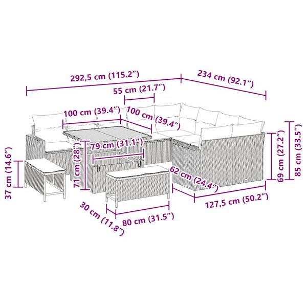 vidaXL Gartensofa-set mit Kissen 13 pcs Schwarz Poly-Rattan