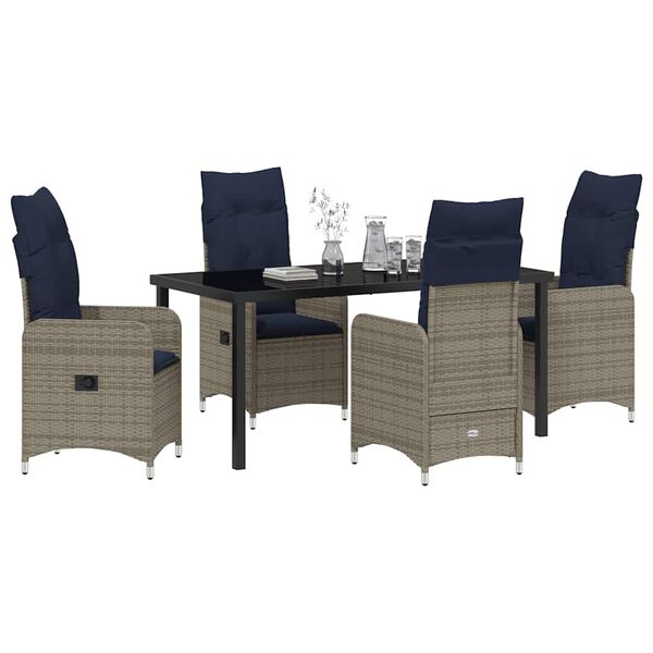 vidaXL Tisch- und Stuhlset mit Kissen 5 pcs Grau PE-Rattan