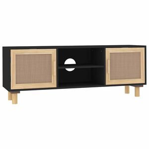 vidaXL TV-Schrank Schwarz 105x30x40 cm Massivholz Kiefer Natur-Rattan