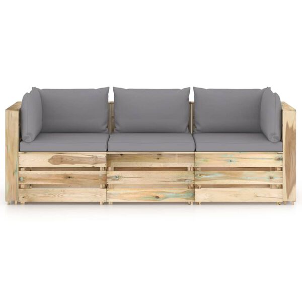 vidaXL 3-Sitzer Outdoor-Sofa mit Kissen Gr&uuml;n Impr&auml;gniertes Holz