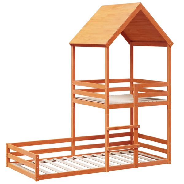 vidaXL Etagenbett mit Dach Wachsbraun 90x190 cm Massivholz Kiefer
