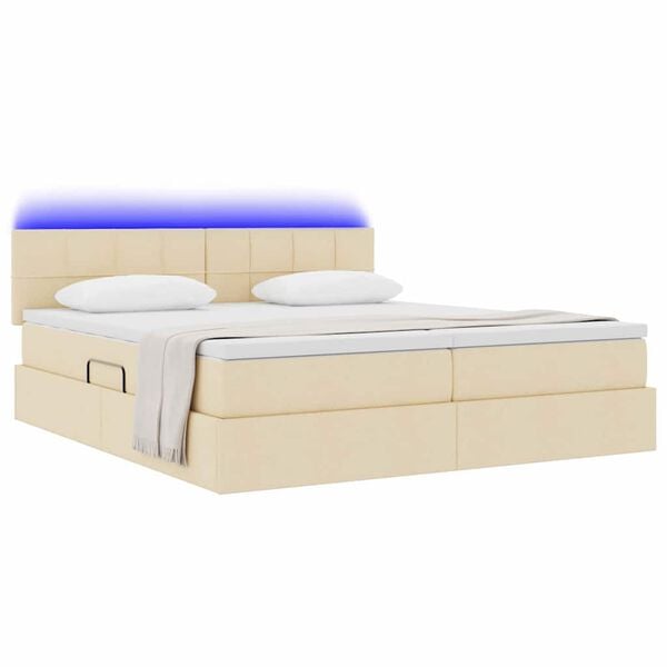 vidaXL Bett mit LED-Lichtleisten mit Kopfteil Creme 180 x 200 cm Stoff
