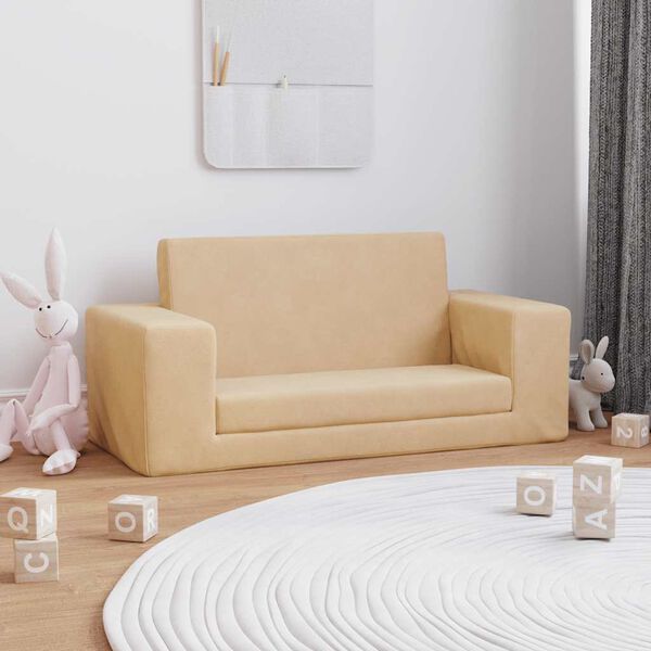 vidaXL Kinder-Schlafsofa 2-Sitzer Creme Weicher Pl&uuml;sch