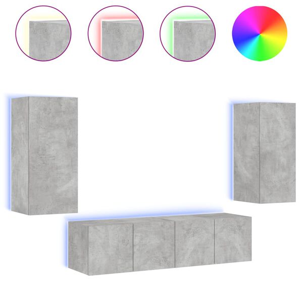 vidaXL 4-tlg. Wohnwand mit LED-Beleuchtung Betongrau Holzwerkstoff