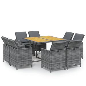 vidaXL 9-tlg. Garten-Essgruppe mit Kissen Poly Rattan Grau