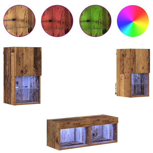 vidaXL TV-Wandregale mit LED-Lichtleisten 4 pcs Altholz Holzwerkstoff