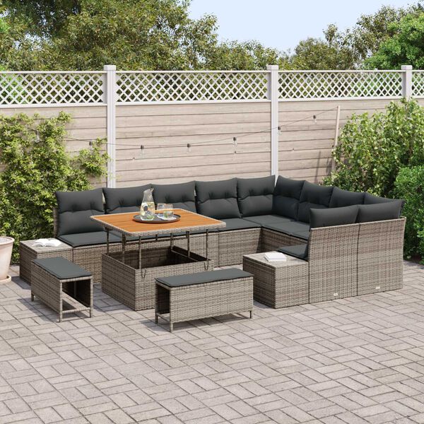 vidaXL Gartensofa-set mit Kissen mit Speicher 12 pcs Grau Poly Rattan