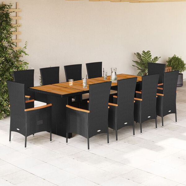 vidaXL 11-tlg. Garten-Essgruppe mit Kissen Schwarz Poly Rattan