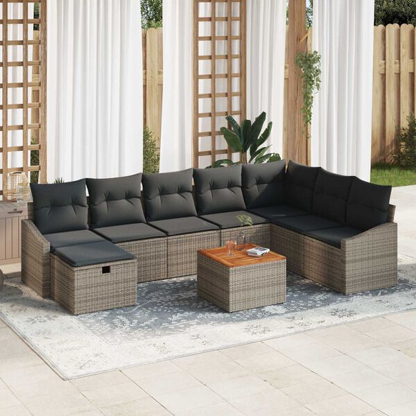 vidaXL Gartensofa-set mit Kissen mit Speicher 9 pcs Grau Poly Rattan
