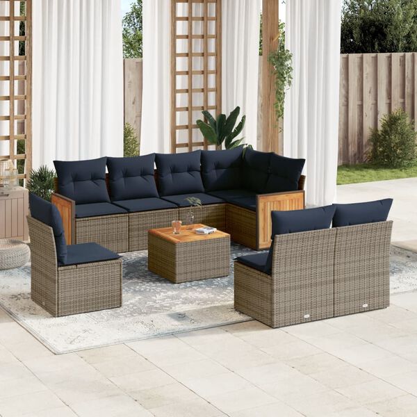 vidaXL 9-teiliges Gartensofa-Set mit Kissen, grau, Polyrattan