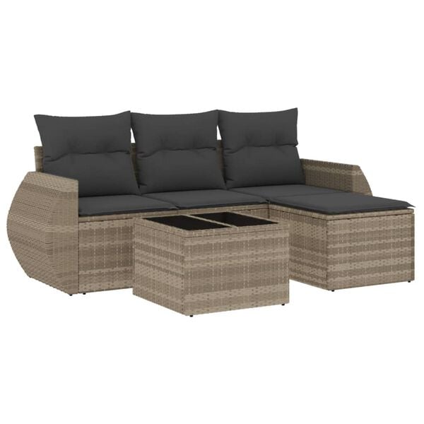 vidaXL 5-tlg. Garten-Sofagarnitur mit Kissen Hellgrau Poly Rattan
