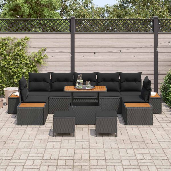 vidaXL Garten-Sofa-Set mit Kissen 10 pcs Schwarz Poly Rattan