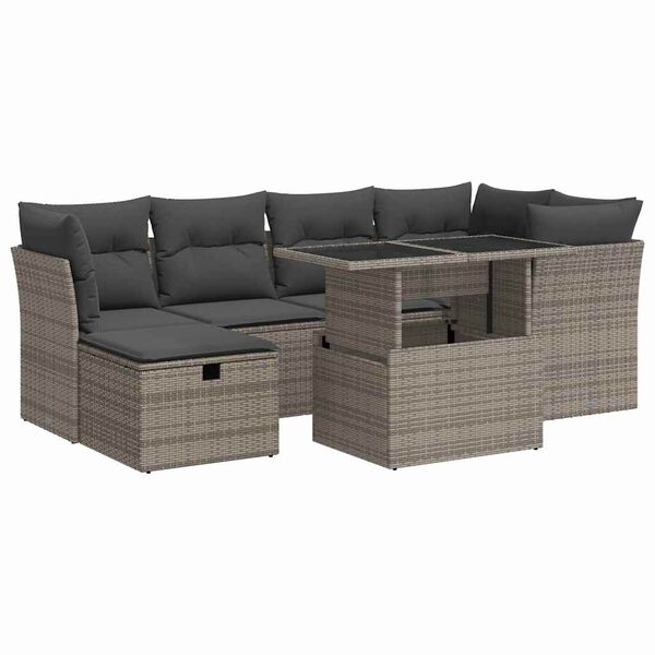vidaXL 7-tlg. Garten-Sofagarnitur mit Kissen Grau Poly Rattan