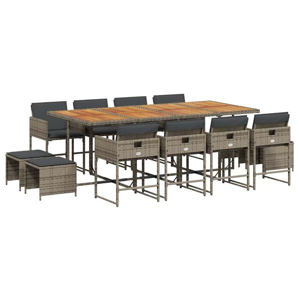vidaXL 13-tlg. Garten-Essgruppe mit Kissen Grau Poly Rattan