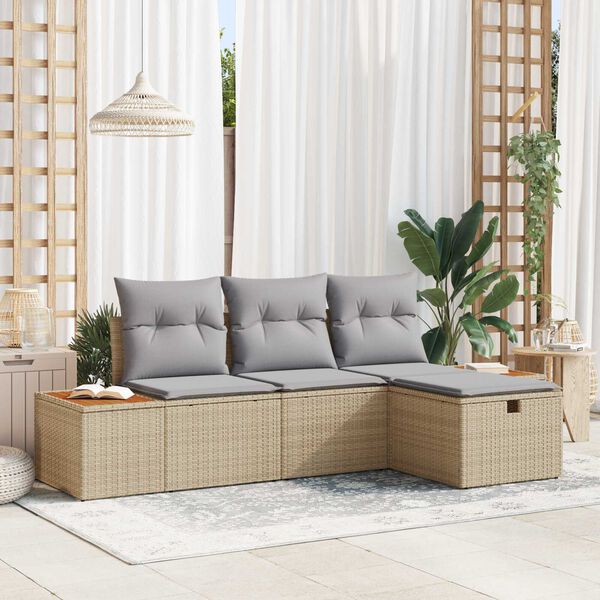 vidaXL Gartensofa-set mit Kissen mit Speicher 4 pcs Beige Poly-Rattan