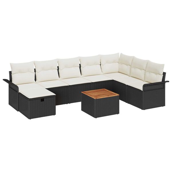 vidaXL Garten-Sofa-Set mit Kissen 9 pcs Schwarz Poly Rattan