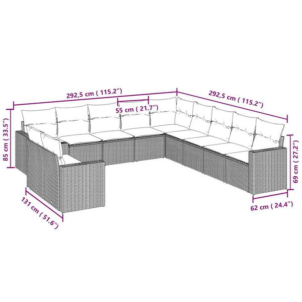 vidaXL 11-tlg. Garten-Sofagarnitur mit Kissen Hellgrau Poly Rattan