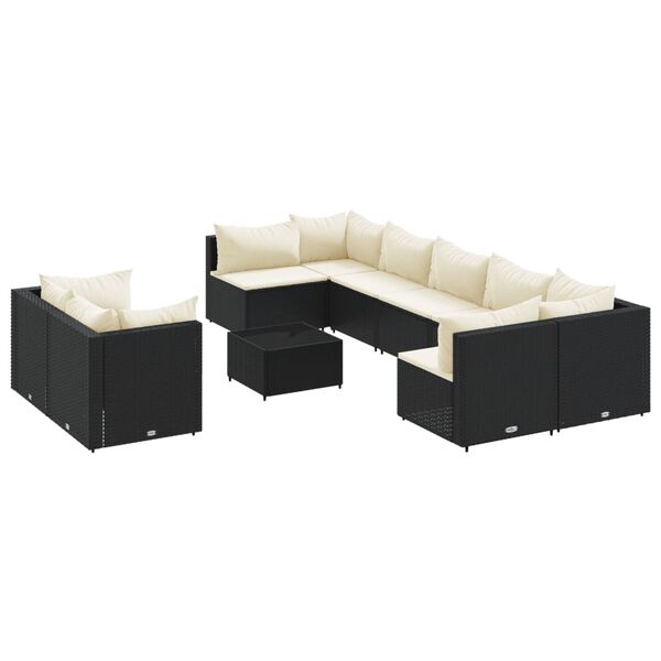 vidaXL 10-tlg. Garten-Sofagarnitur mit Kissen Schwarz Poly Rattan