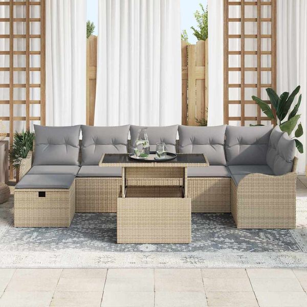 vidaXL Garten-Sofa-Set mit Kissen mit Speicher 8 pcs Beige Poly Rattan
