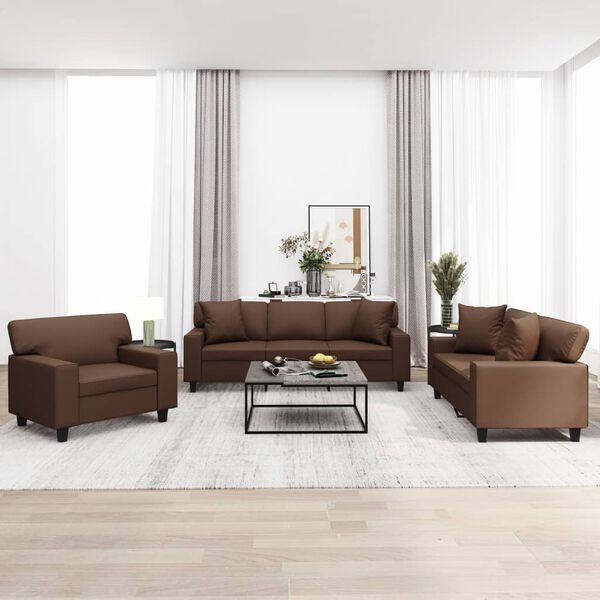 vidaXL 3-tlg. Sofagarnitur mit Kissen Braun Kunstleder