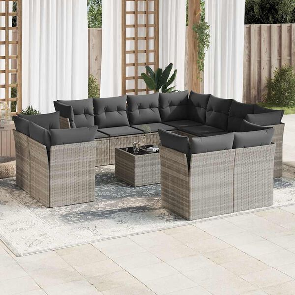 vidaXL 12-tlg. Garten-Sofagarnitur mit Kissen Hellgrau Poly Rattan