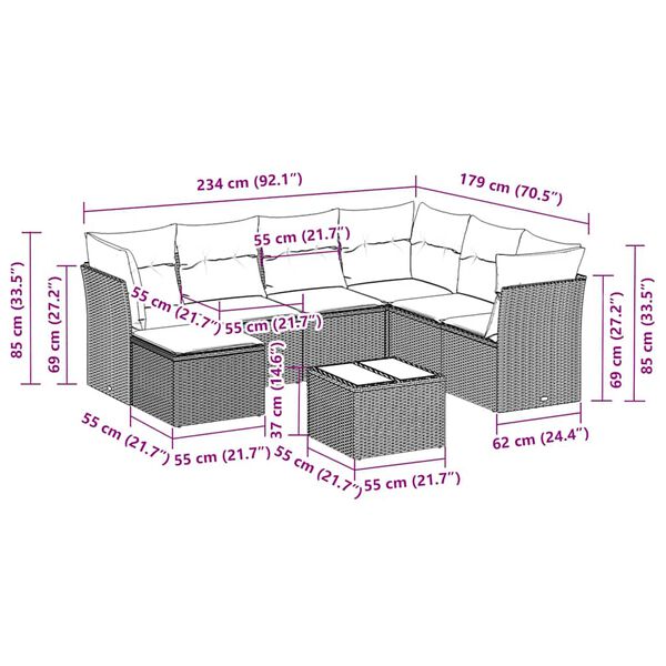 vidaXL 8-tlg. Garten-Sofagarnitur mit Kissen Schwarz Poly Rattan