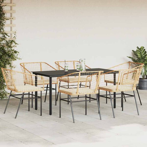 vidaXL 7-tlg. Garten-Essgruppe mit Kissen Braun Poly Rattan Glas