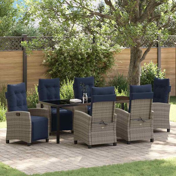vidaXL Garten Essgruppe mit Kissen 7 pcs Grau Poly-Rattan