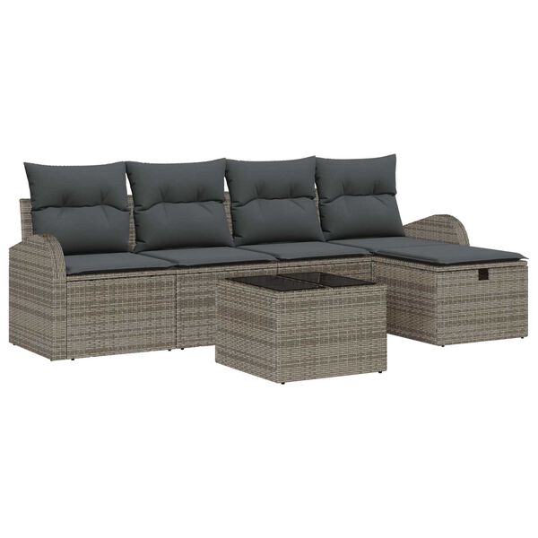 vidaXL Garten-Sofa-Set mit Kissen mit Speicher 6 pcs Grau Poly Rattan