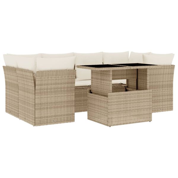 vidaXL 7-tlg. Garten-Sofagarnitur mit Kissen Beige Poly Rattan