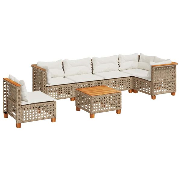 vidaXL 7-tlg. Garten-Sofagarnitur mit Kissen Beige Poly Rattan