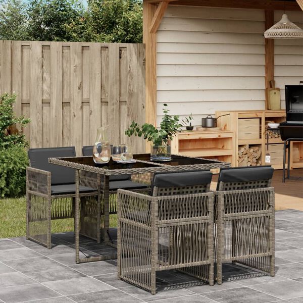 vidaXL 5-tlg. Garten-Essgruppe mit Kissen Grau Poly Rattan