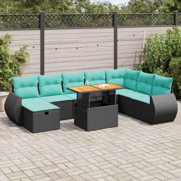 vidaXL 9-tlg. Garten-Sofagarnitur mit Kissen Braun Poly Rattan Akazie