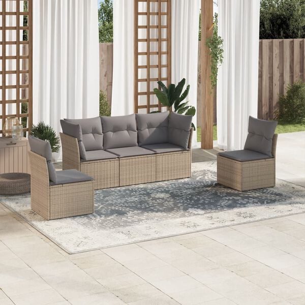 vidaXL 5-tlg. Garten-Sofagarnitur mit Kissen Beige Poly Rattan